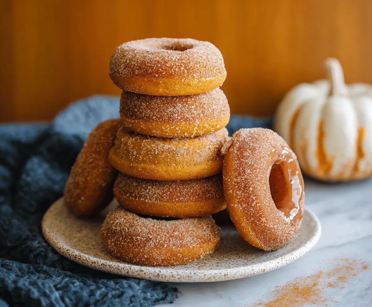 Delicious homemade pumpkin spice donuts topped with cinnamon sugar, perfect for fall treats and festive celebrations.