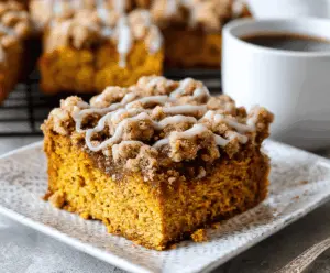 Delicious Pumpkin Streusel Coffee Cake topped with cinnamon streusel and a drizzle of glaze, perfect for fall breakfast or brunch.