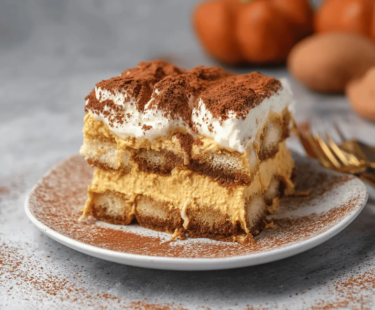 Delicious Pumpkin Tiramisu dessert topped with whipped cream and cocoa powder, perfect for fall celebrations.