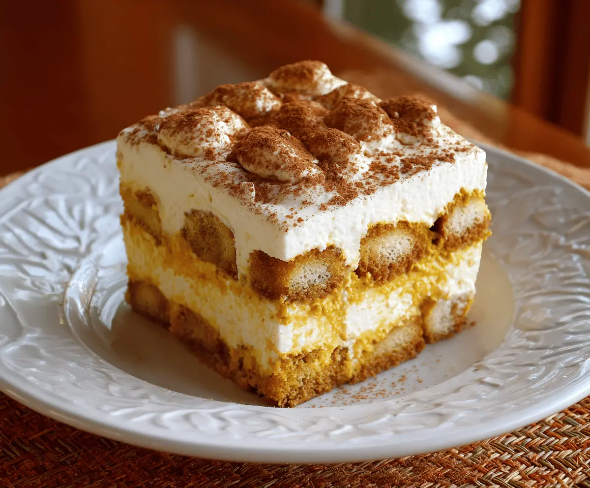 Delicious Pumpkin Tiramisu in a glass dessert cup topped with whipped cream and cinnamon, perfect for fall desserts.