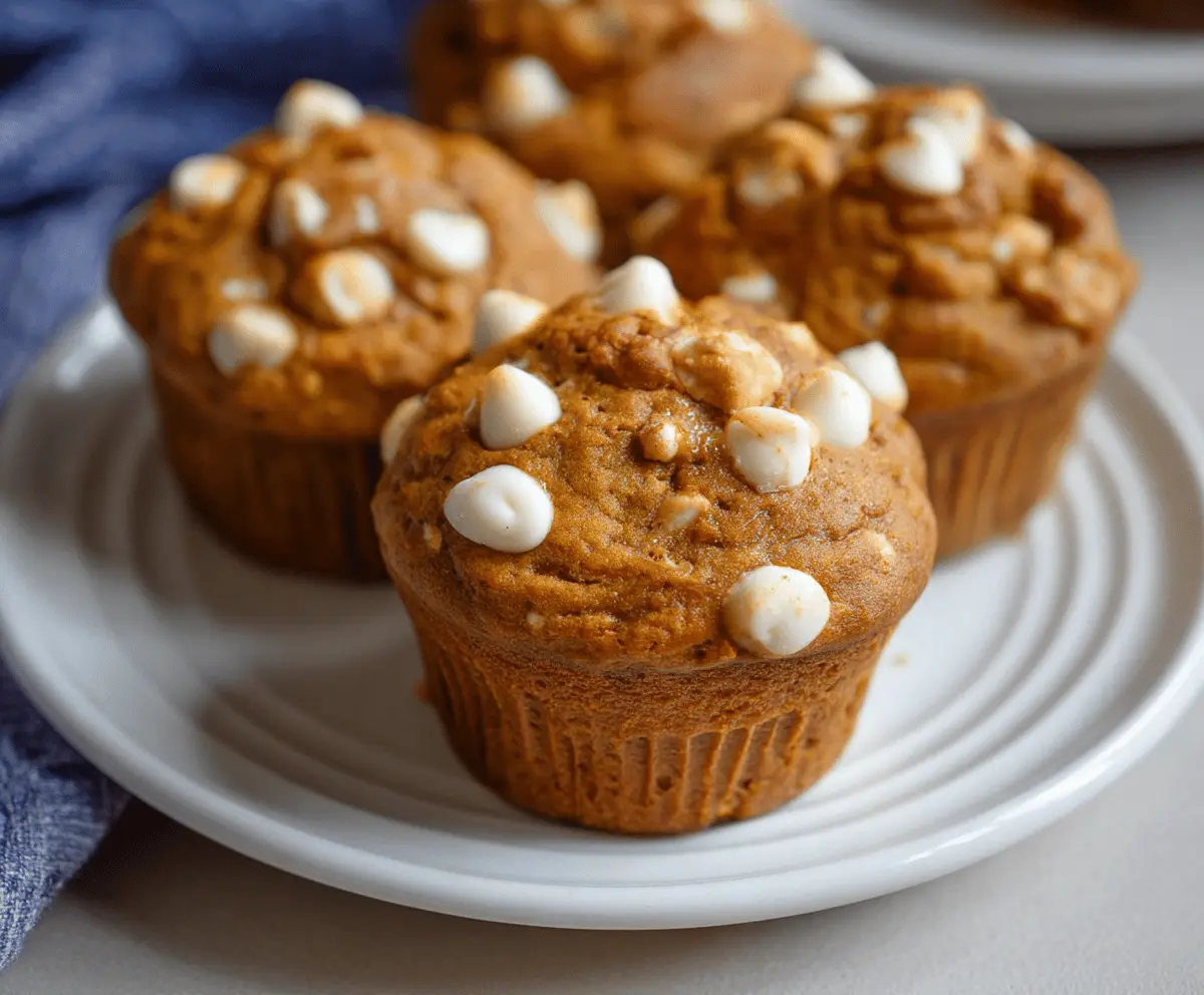 Freshly baked pumpkin white chocolate chip muffins topped with golden brown crust and melting white chocolate chips, perfect for fall breakfast or snack.
