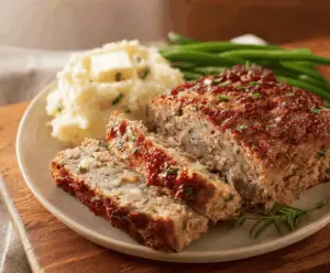 Delicious ranch meatloaf topped with fresh herbs and served with vegetables on a plate, perfect for a hearty and flavorful family dinner