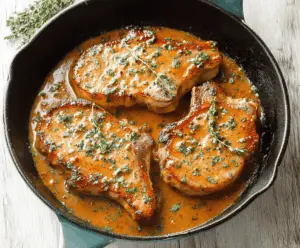 Juicy baked ranch pork chops served with fresh vegetables on a white plate, perfect for a flavorful dinner recipe.
