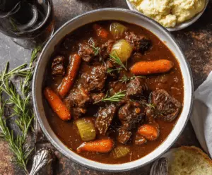 Hearty red wine beef stew with tender beef chunks, vegetables, and herbs served in a rustic bowl.
