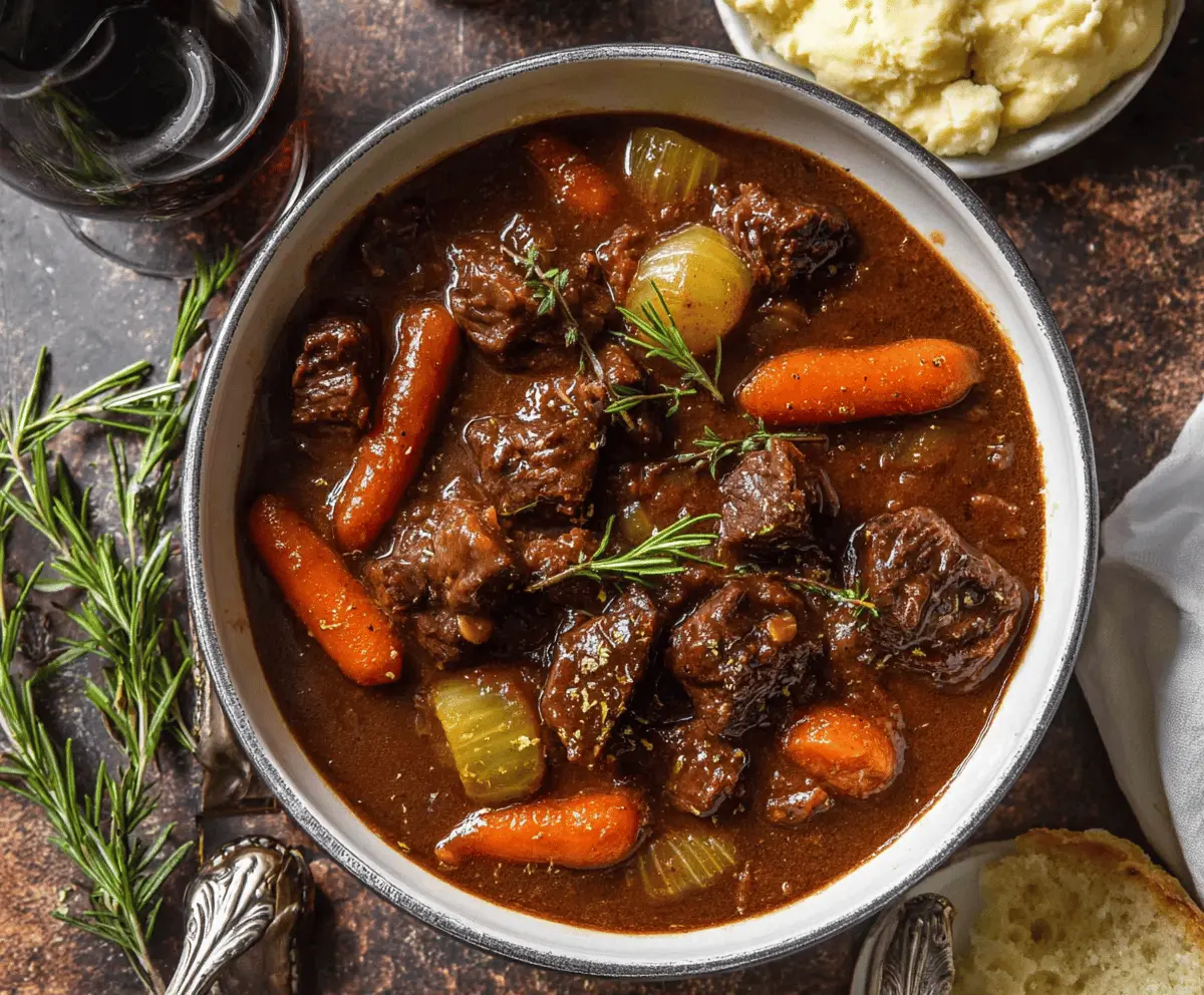 Hearty red wine beef stew with tender beef chunks, vegetables, and herbs served in a rustic bowl.