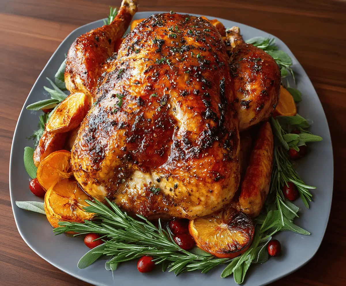 Golden roasted turkey served on a festive platter, perfect for holiday dinner.