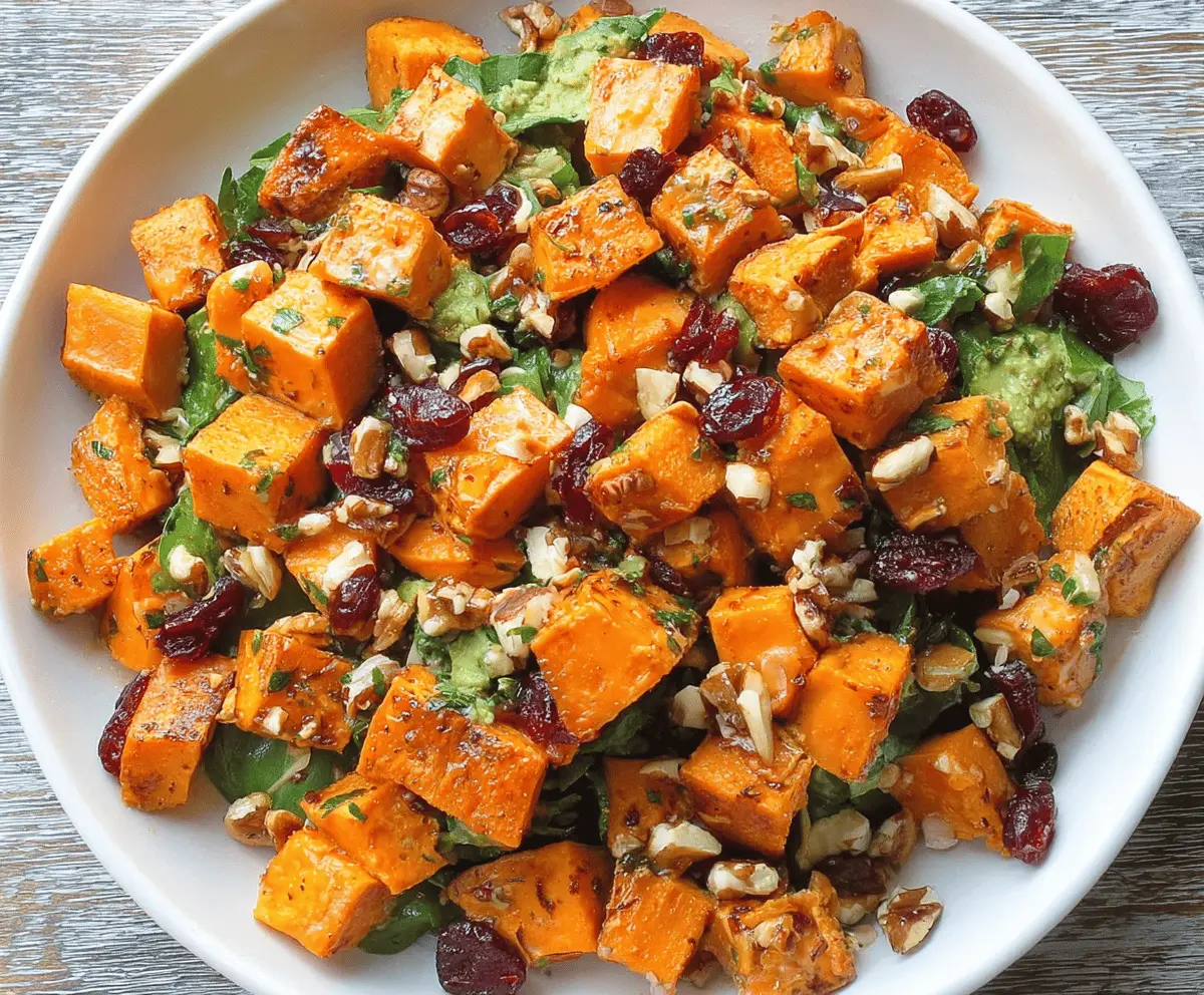 Colorful roasted sweet potato salad with fresh greens, cherry tomatoes, and a tangy vinaigrette, perfect for a healthy and delicious meal.