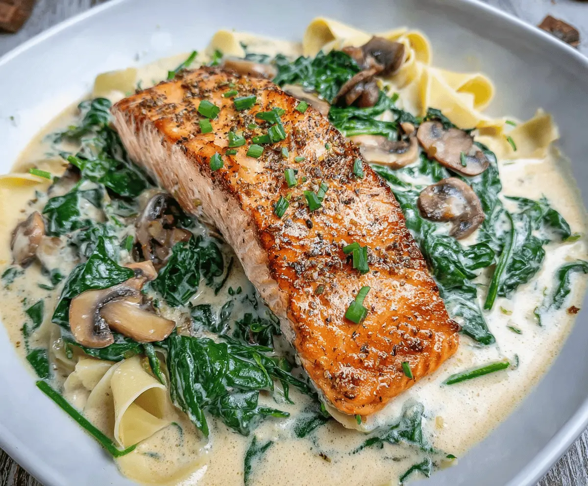 Delicious Salmon Florentine topped with fresh spinach and creamy garlic sauce on a white plate.