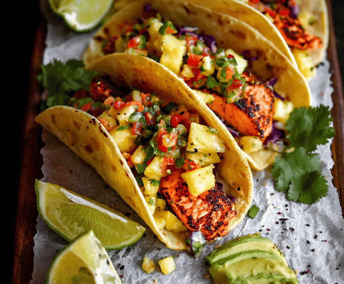 Delicious salmon tacos topped with fresh pineapple avocado salsa, served on a plate with lime wedges and cilantro for a flavorful seafood meal.