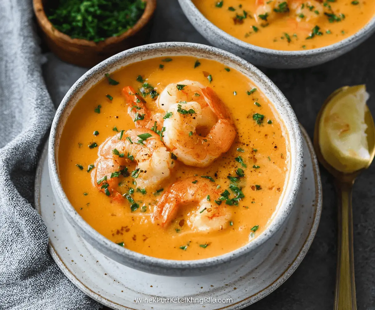 Creamy shrimp bisque garnished with fresh herbs in a bowl, served with a crusty bread side, perfect for seafood lovers.