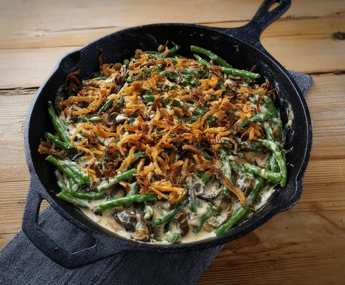 Delicious skillet green bean casserole topped with crispy fried onions, served in a cast-iron skillet for a comforting holiday side dish.