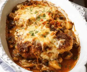 Delicious smothered pork chop casserole topped with melted cheese and crispy onions, served in a baking dish