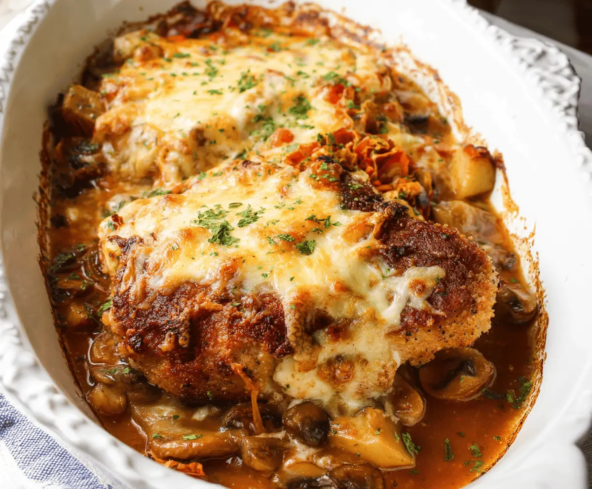 Delicious smothered pork chop casserole topped with melted cheese and crispy onions, served in a baking dish