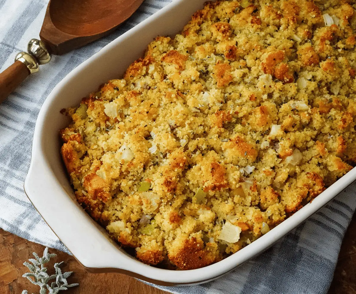 Golden Southern Cornbread Dressing with herbs and savory ingredients, perfect for holiday dinners