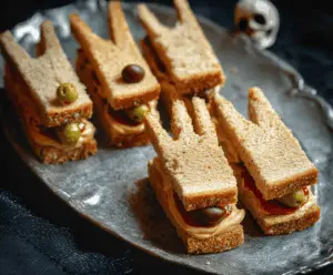 Delicious spooky finger sandwiches with creepy garnishes for Halloween party, featuring bread, colorful fillings, and eerie decorations.