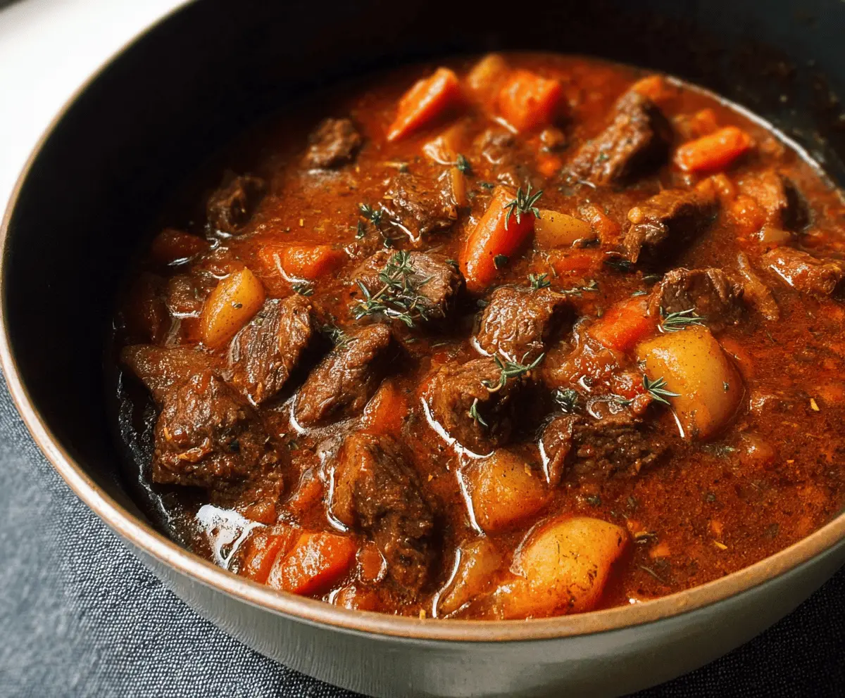 Hearty stovetop beef stew with tender beef chunks, vegetables, and rich broth served in a rustic bowl.