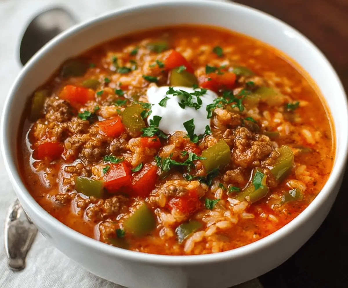 Creamy stuffed bell pepper soup garnished with fresh herbs and topped with shredded cheese in a bowl on a rustic table.