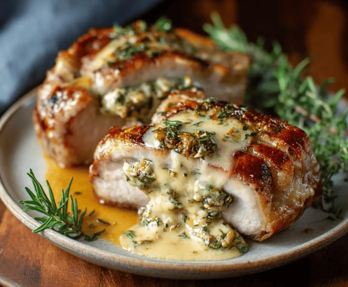 Juicy stuffed pork chops filled with cheese and herbs, served on a plate with fresh vegetables for a delicious and hearty meal.