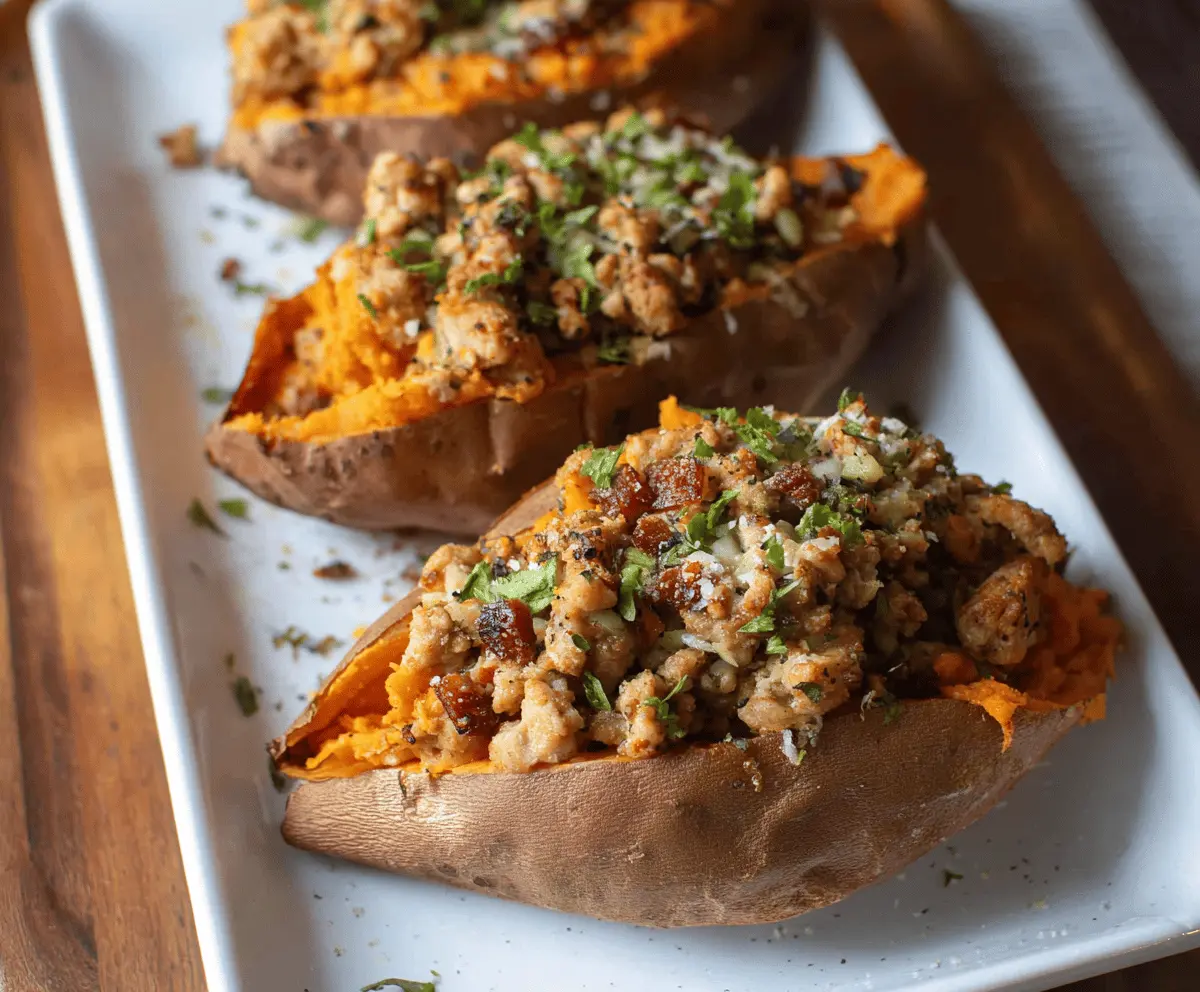 Delicious stuffed sweet potatoes topped with seasoned turkey, fresh herbs, and melted cheese, served on a white plate for a healthy and flavorful meal.