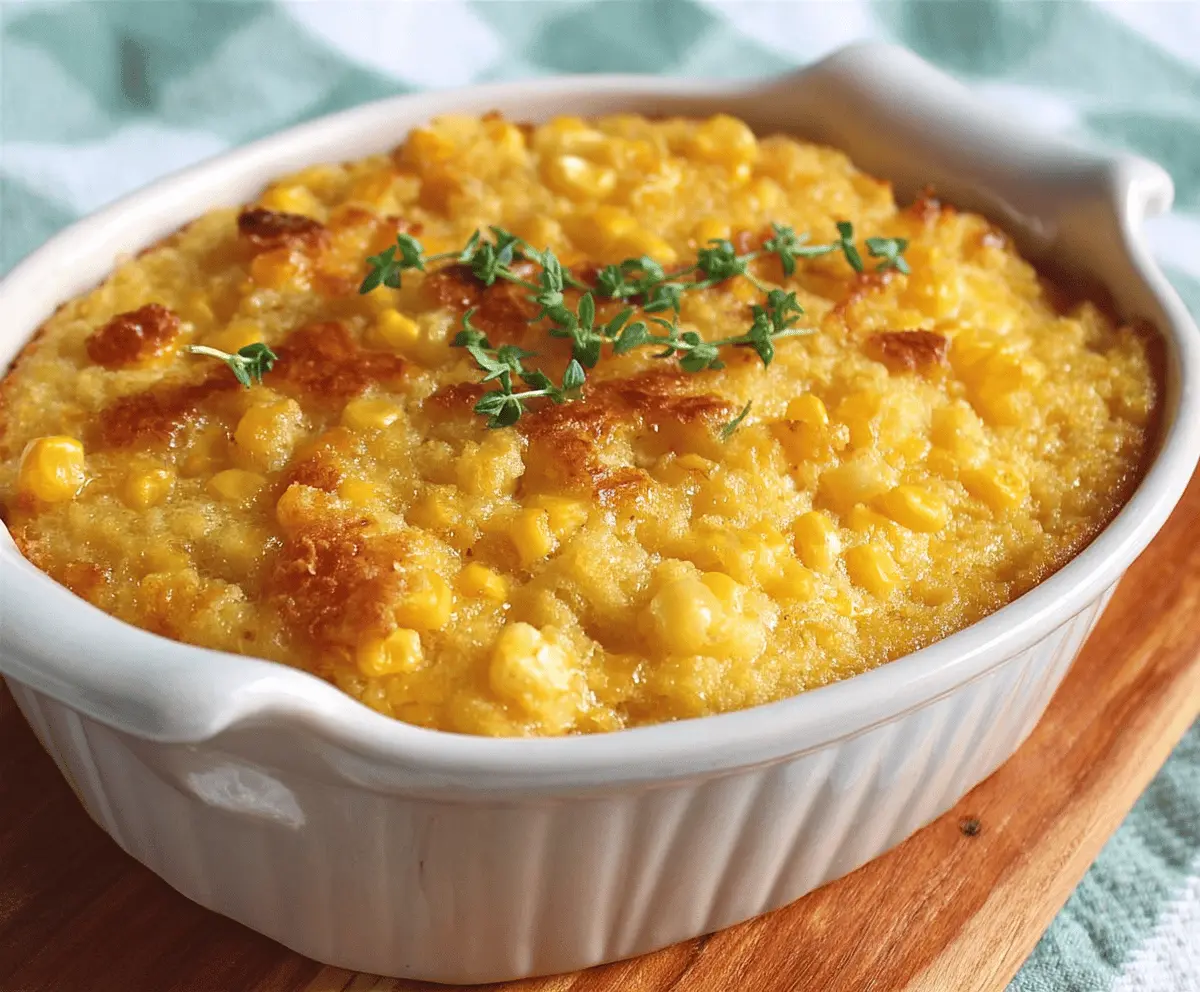 Creamy sweet corn casserole topped with golden crispy crust, served in a baking dish, perfect for family dinner or holiday gatherings.