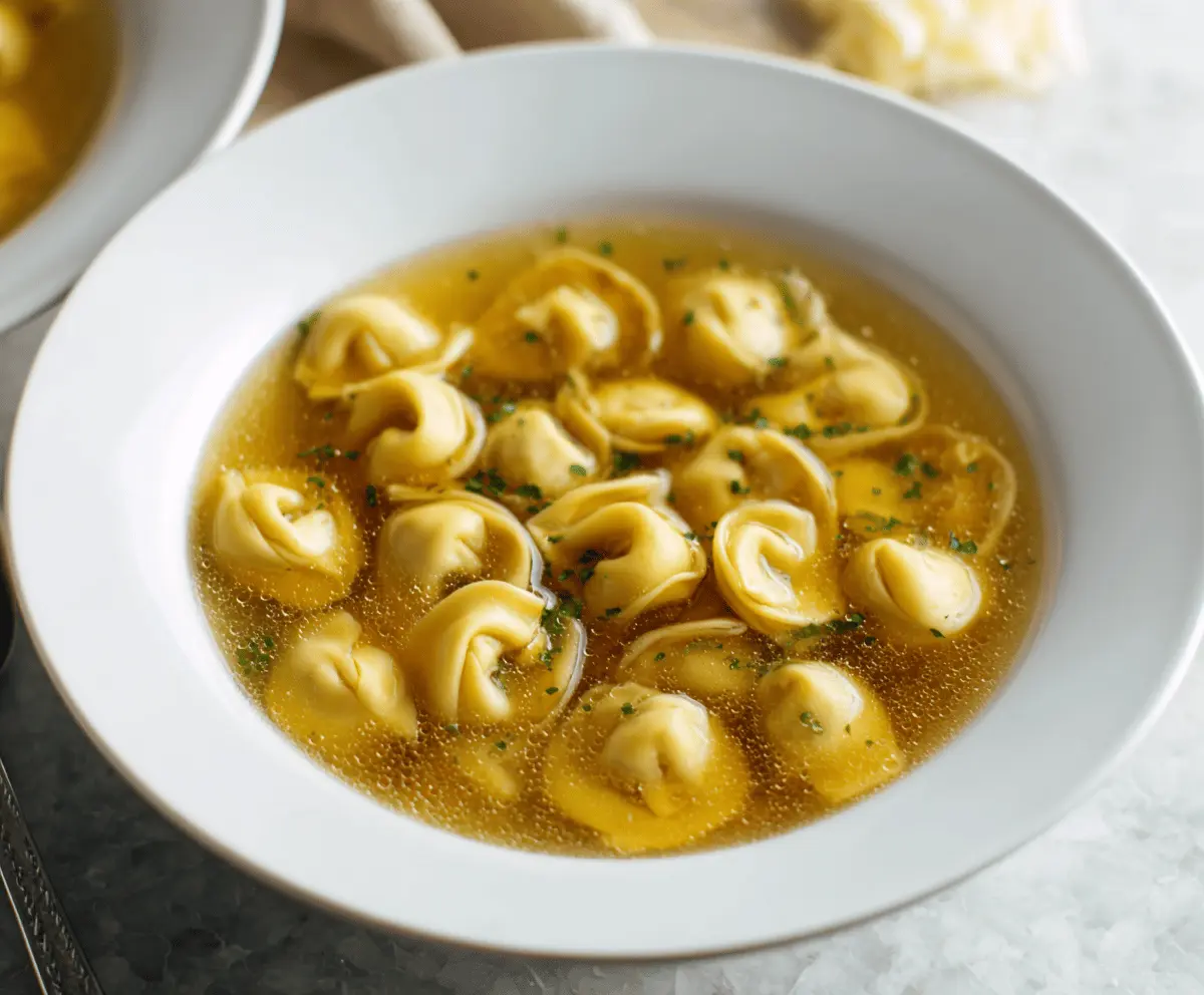A bowl of delicious tortellini en brodo featuring tender pasta filled with cheese and meat, served in a flavorful clear broth garnished with fresh herbs.