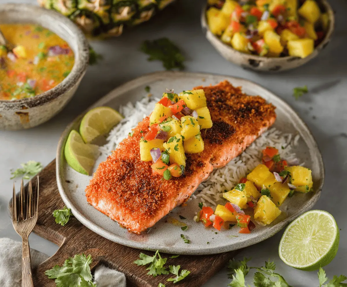 Delicious tropical coconut-crusted salmon topped with fresh pineapple salsa, perfect for a summer seafood dish.