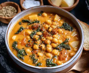 A bowl of warm Tuscan Chickpea Soup garnished with fresh herbs, featuring creamy chickpeas, vegetables, and a rich broth served with crusty bread.