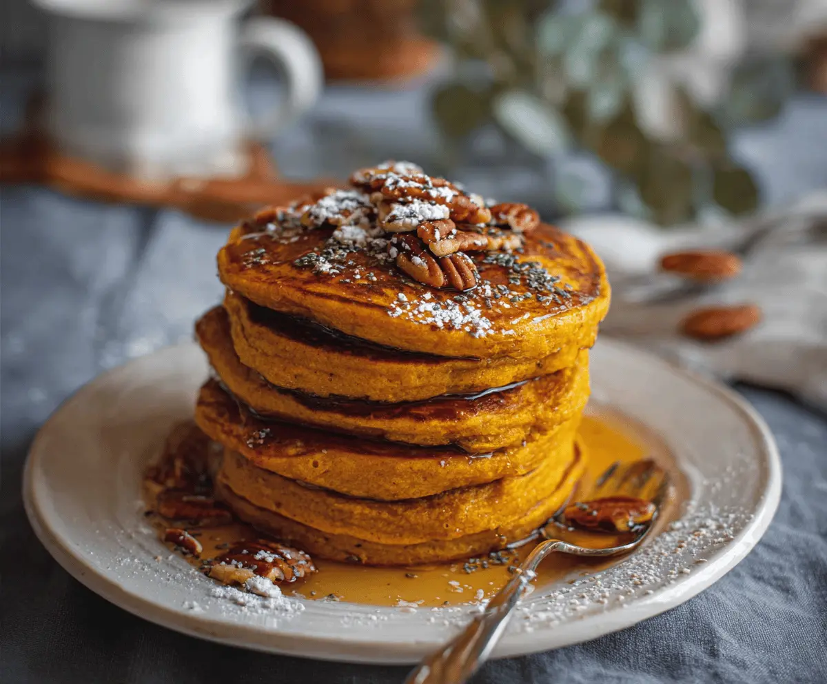 Delicious vegan pumpkin pancakes topped with maple syrup and fresh cinnamon leaves, served on a rustic plate for a cozy fall breakfast.