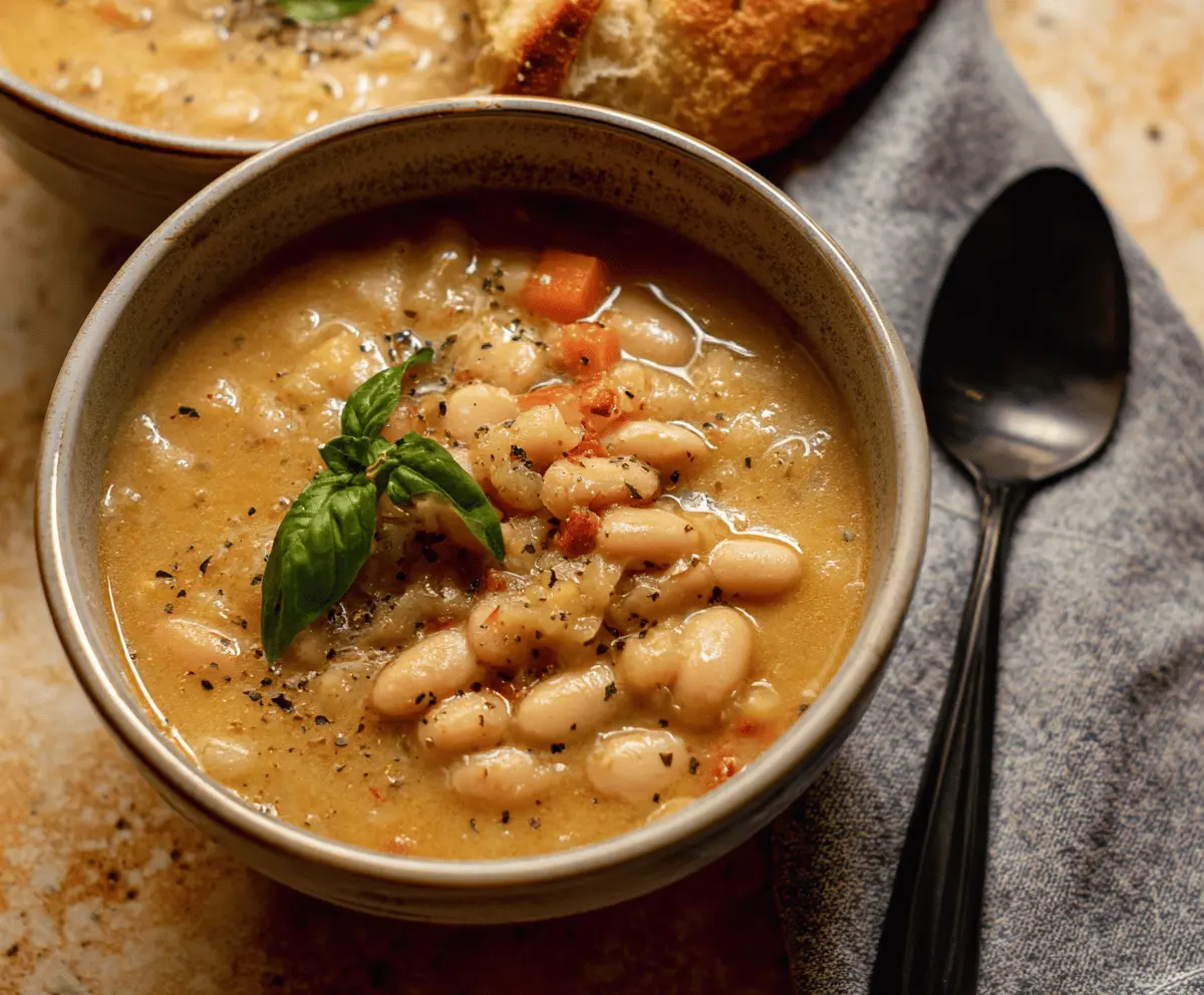 Creamy white bean soup garnished with fresh herbs and a drizzle of olive oil in a rustic bowl, perfect for a comforting meal