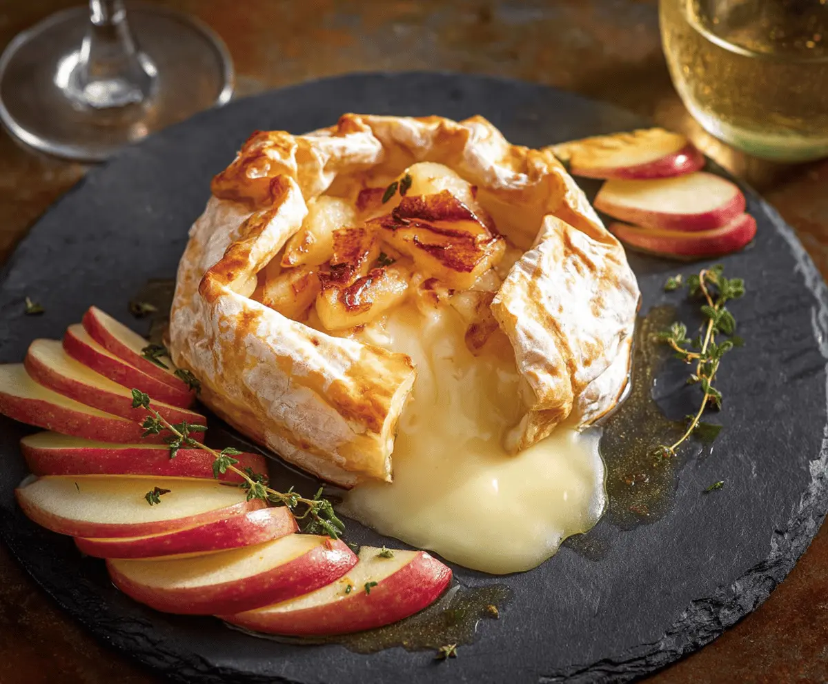 Delicious apple slices topped with creamy brie cheese on a rustic serving board