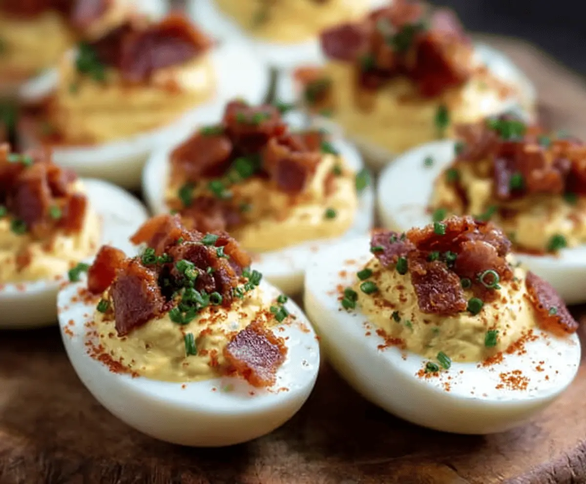 Creamy bacon deviled eggs garnished with chopped bacon and herbs, perfect appetizer for parties.