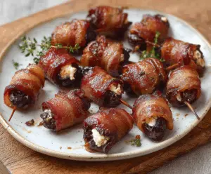 Delicious bacon-wrapped dates filled with creamy goat cheese on a serving platter.