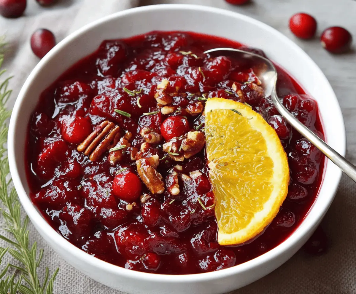 Delicious baked cranberry sauce in a glass dish, garnished with fresh cranberries and mint for holiday dessert.