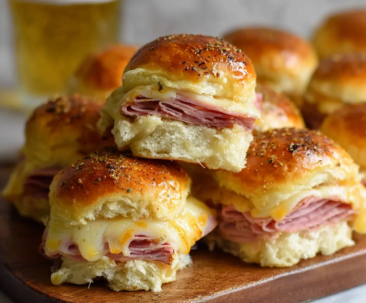 Delicious baked ham and cheese sliders on a platter, perfect for entertaining or as a savory snack.