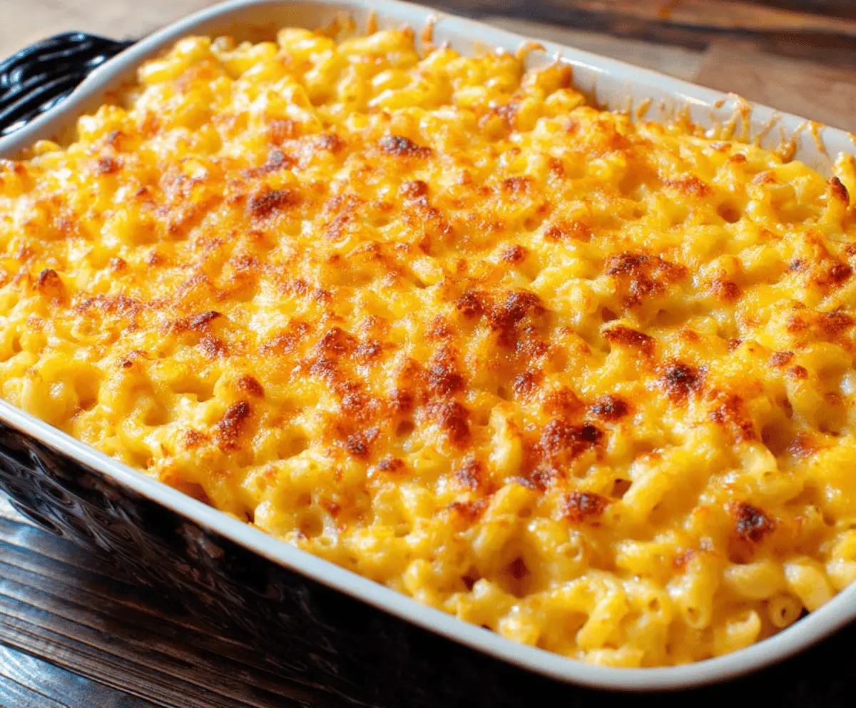 Creamy baked mac and cheese topped with golden crispy breadcrumbs, served hot in a white dish.
