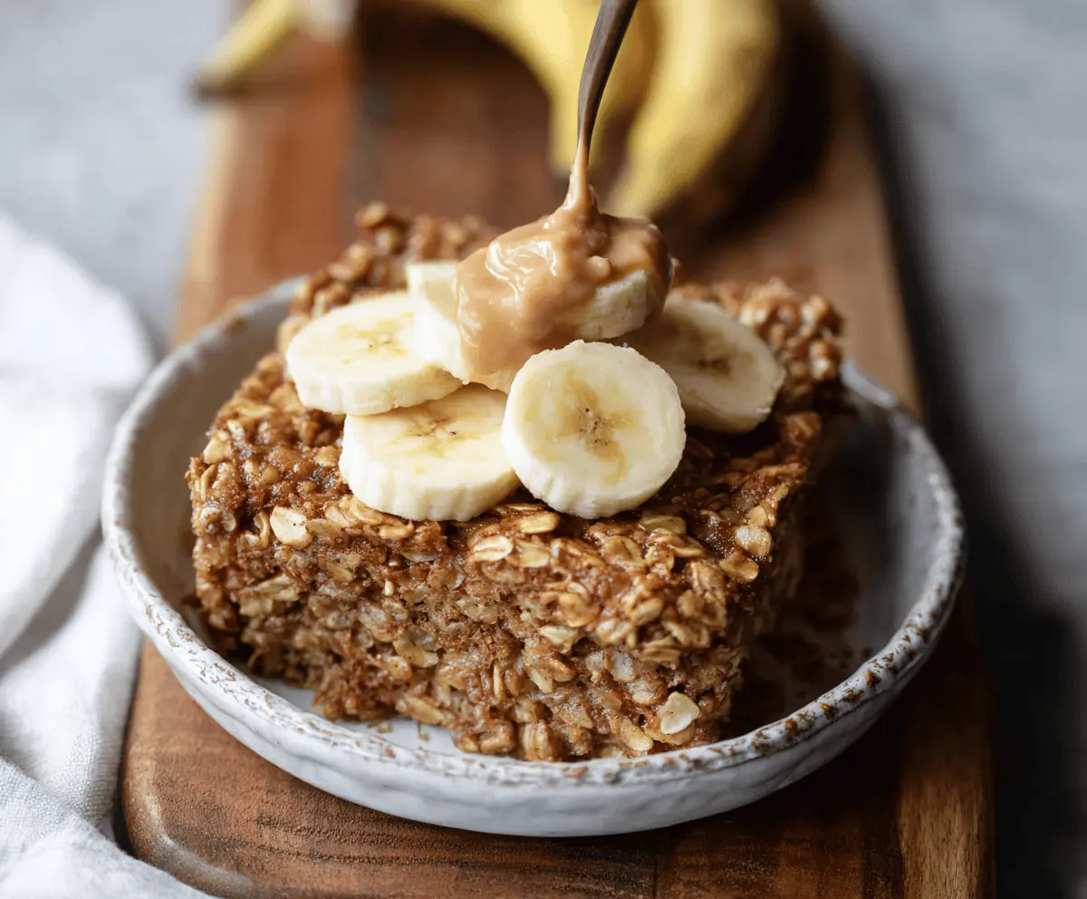 Delicious Banana Bread Baked Oatmeal served in a baking dish with banana slices and nuts.
