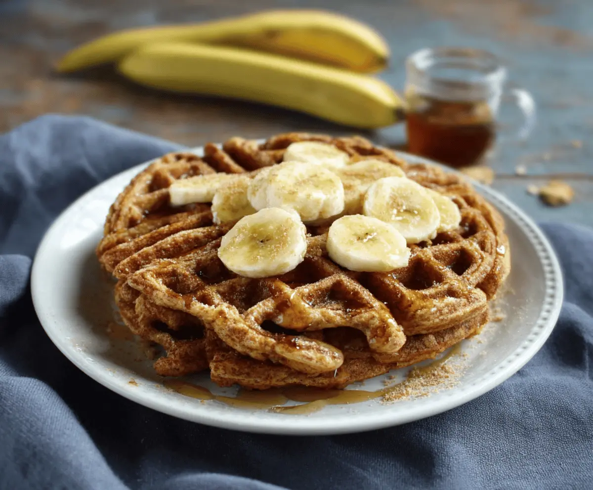 Delicious homemade banana oatmeal waffles on a breakfast plate with fresh fruit.