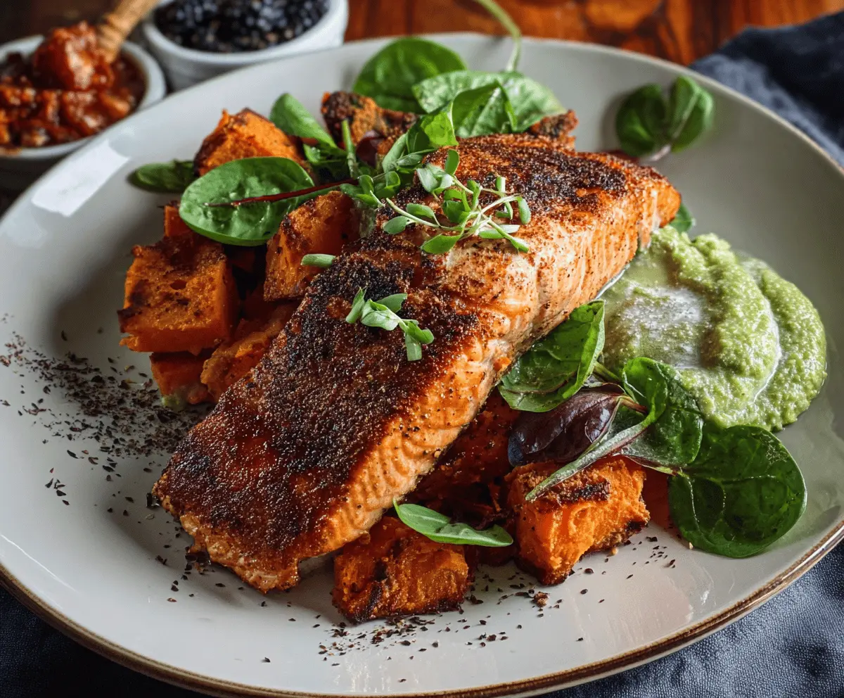 Delicious blackened salmon fillet served with roasted sweet potato slices, perfect for a healthy dinner.