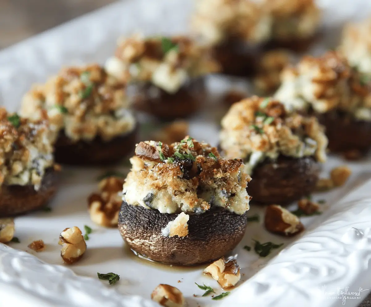 Delicious stuffed mushrooms filled with blue cheese and walnuts, perfect as an appetizer.