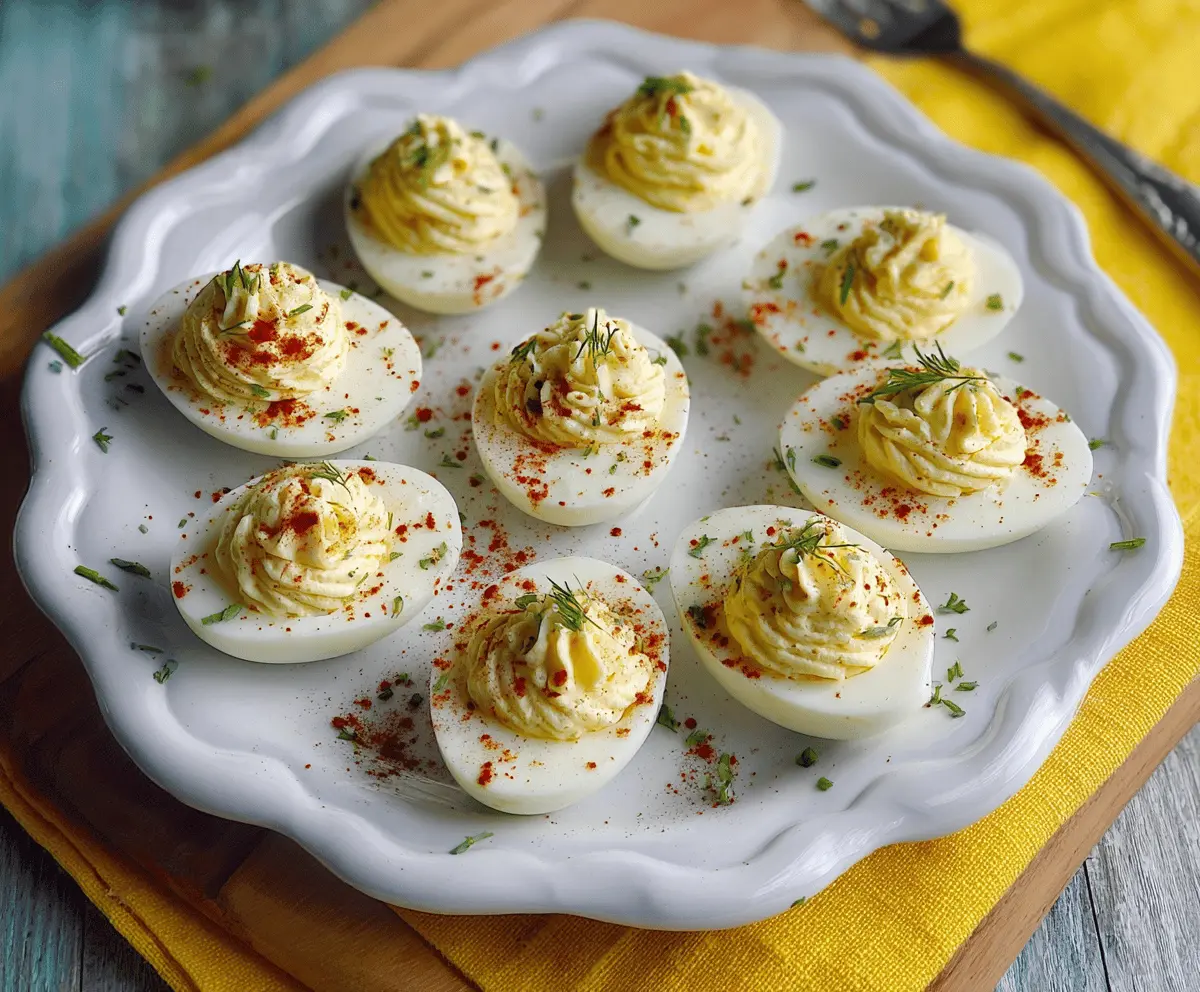 Creamy Boursin deviled eggs garnished with herbs for a delicious appetizer