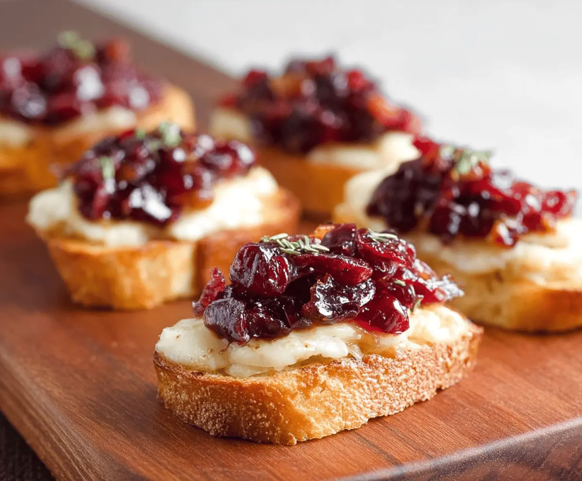 Delicious Brie and Cranberry Crostini topped with fresh herbs on a serving platter