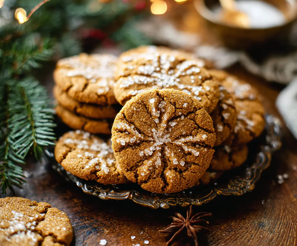Homemade brown butter gingerbread cookies with festive spices on a holiday platter