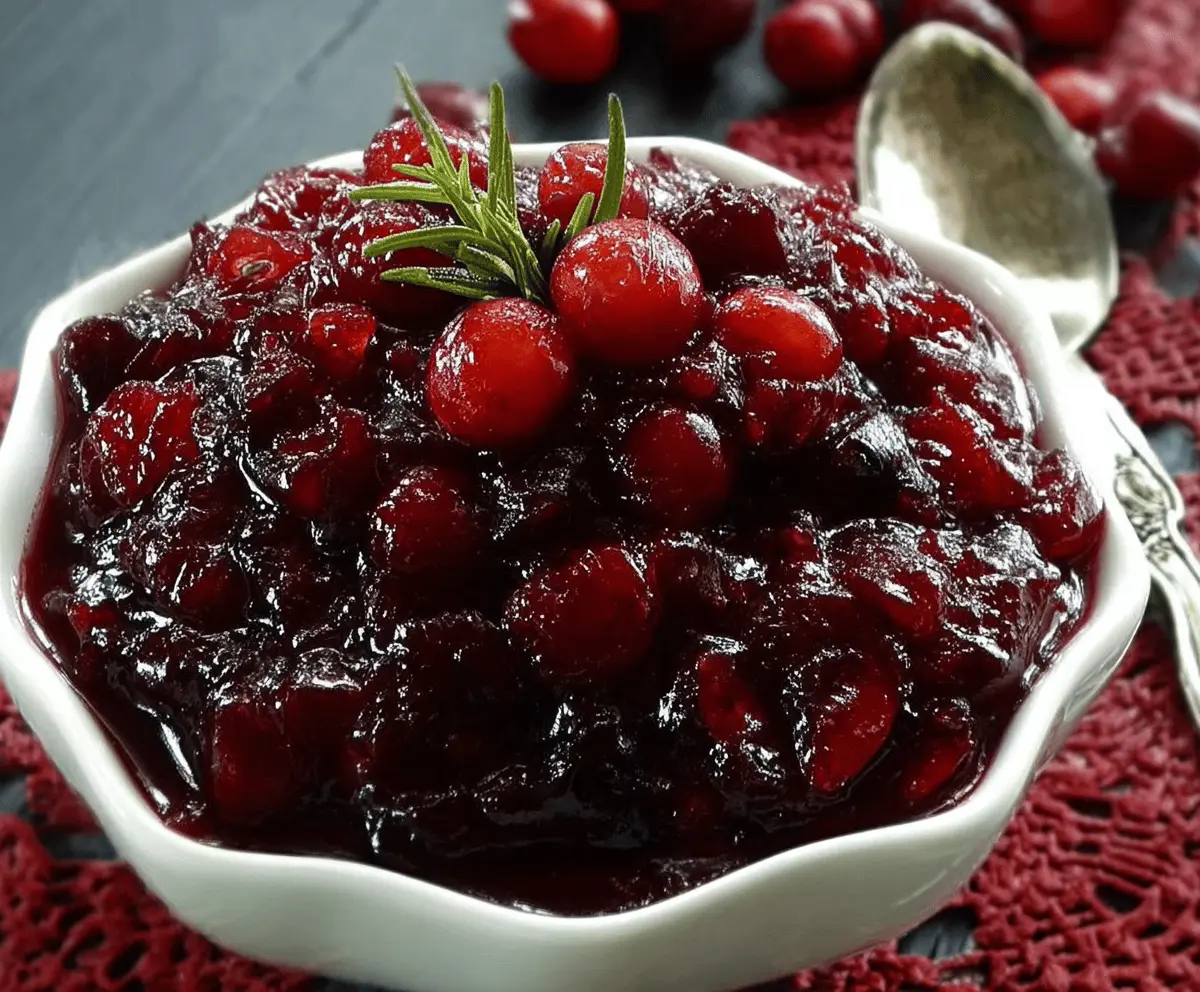 Close-up of a glass bowl filled with homemade brown sugar maple cranberry sauce garnished with fresh cranberries and mint.
