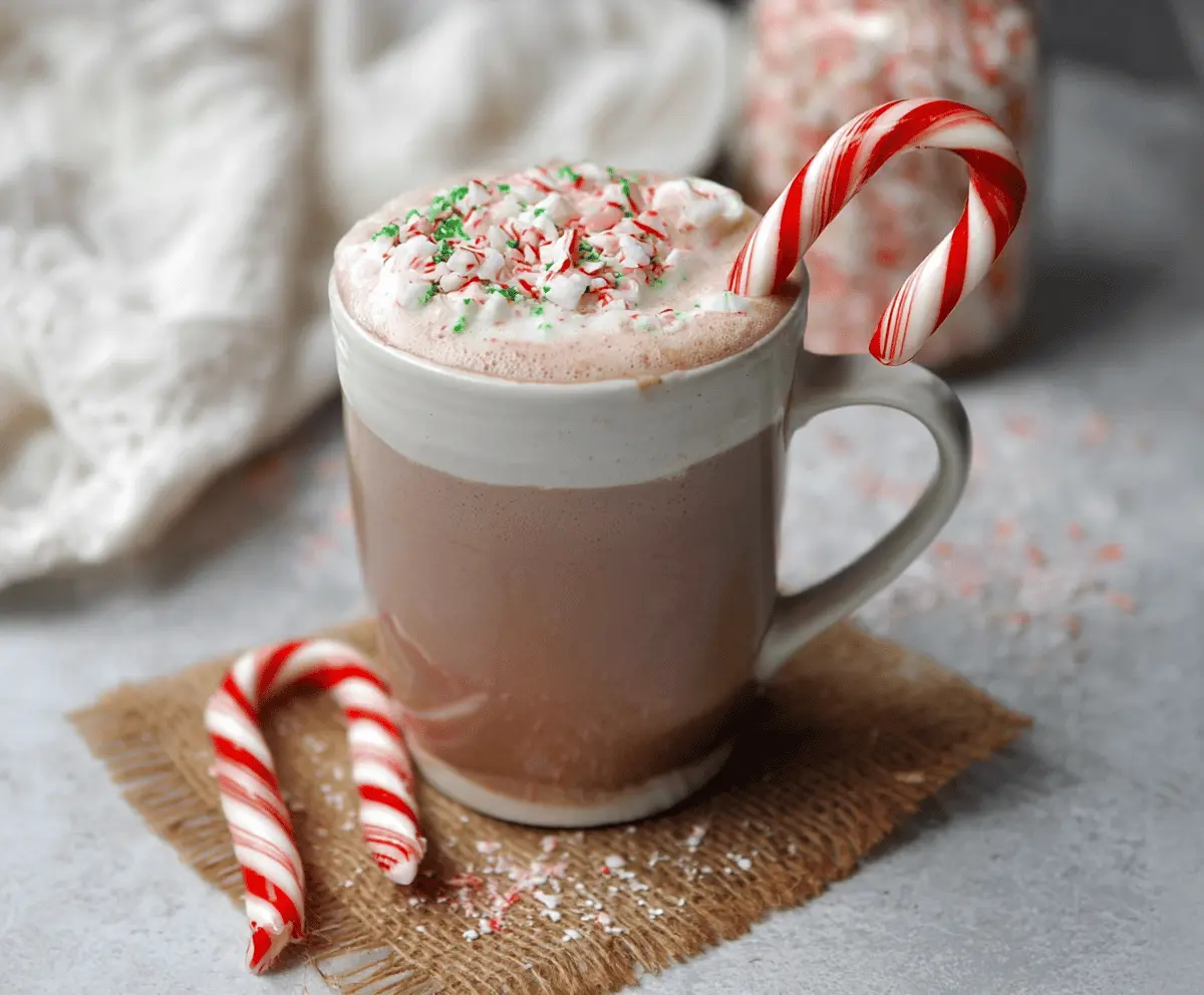 Creamy Candy Cane Hot Chocolate topped with whipped cream and crushed peppermint candies