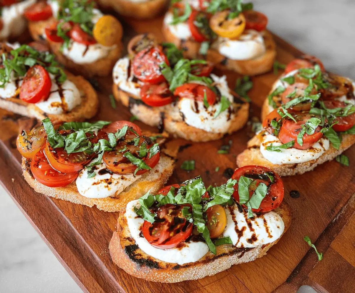 Delicious Caprese Bruschetta with fresh tomatoes, mozzarella, basil, and balsamic glaze on toasted bread
