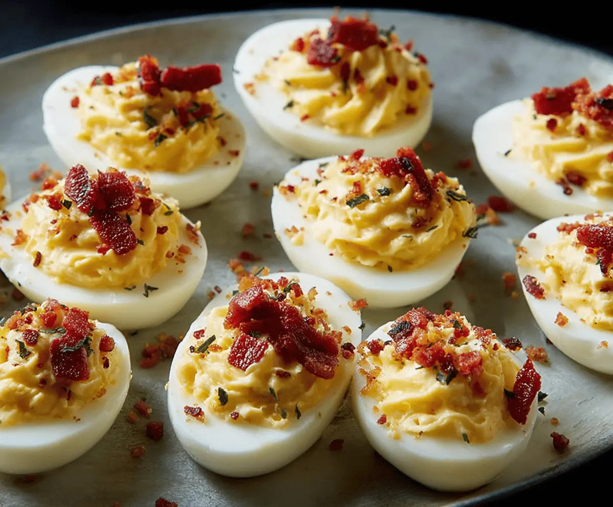 Delicious Carbonara Deviled Eggs garnished with fresh herbs on a white plate