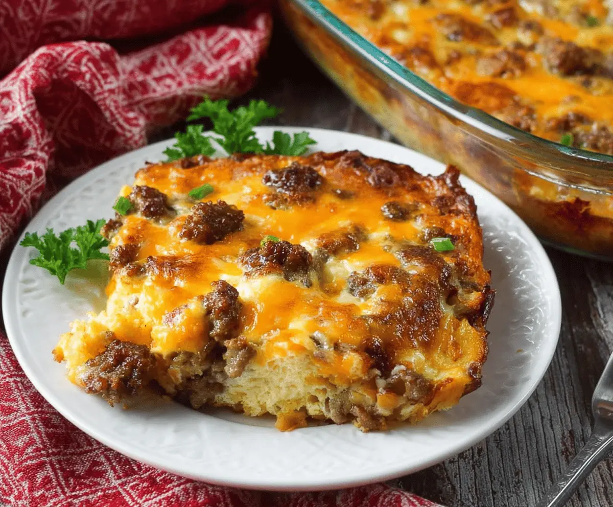 Delicious cheesy sausage and hashbrown breakfast casserole served hot, perfect for brunch or family breakfast.