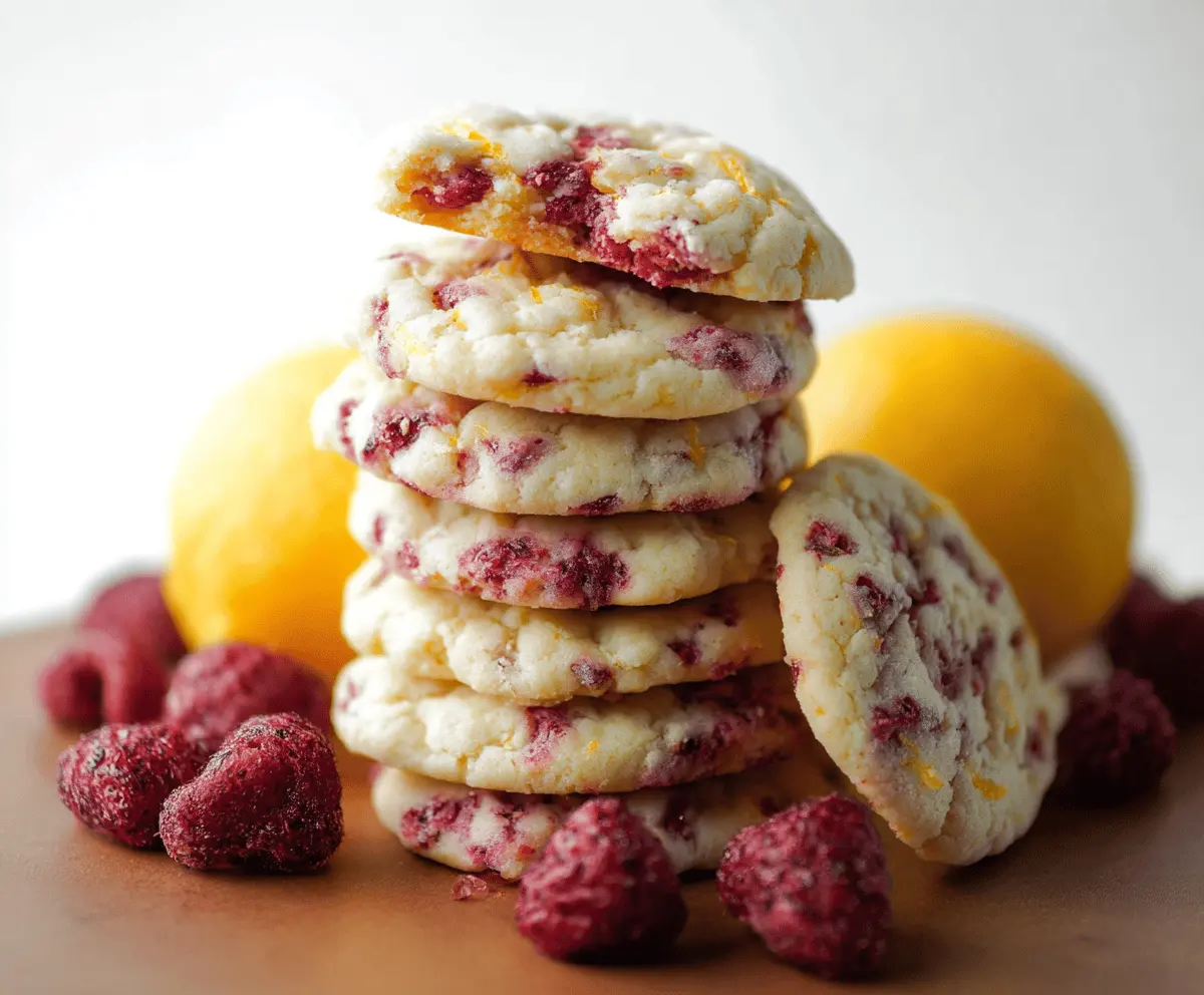 Delicious chewy lemon raspberry cookies with fresh berries and zesty lemon flavor on a white plate.