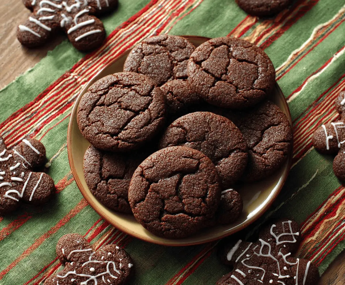 Delicious homemade chocolate gingerbread cookies on a festive plate, perfect for holiday baking.