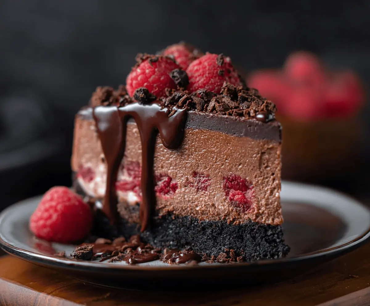 Decadent chocolate raspberry cheesecake with a smooth creamy texture and fresh raspberry toppings.